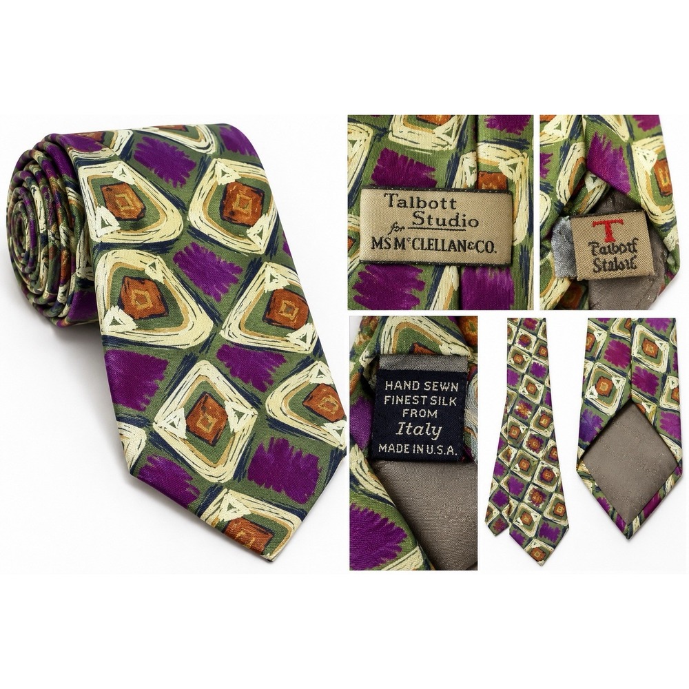 Talbott Studio Men's Italian Silk Tie 60" x 4" Purple Geometric Made USA